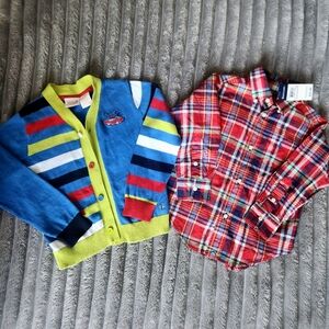 NWT Ralp lauren red plaid button down shirt and Colorful knit Cardigan Size. 2 Y